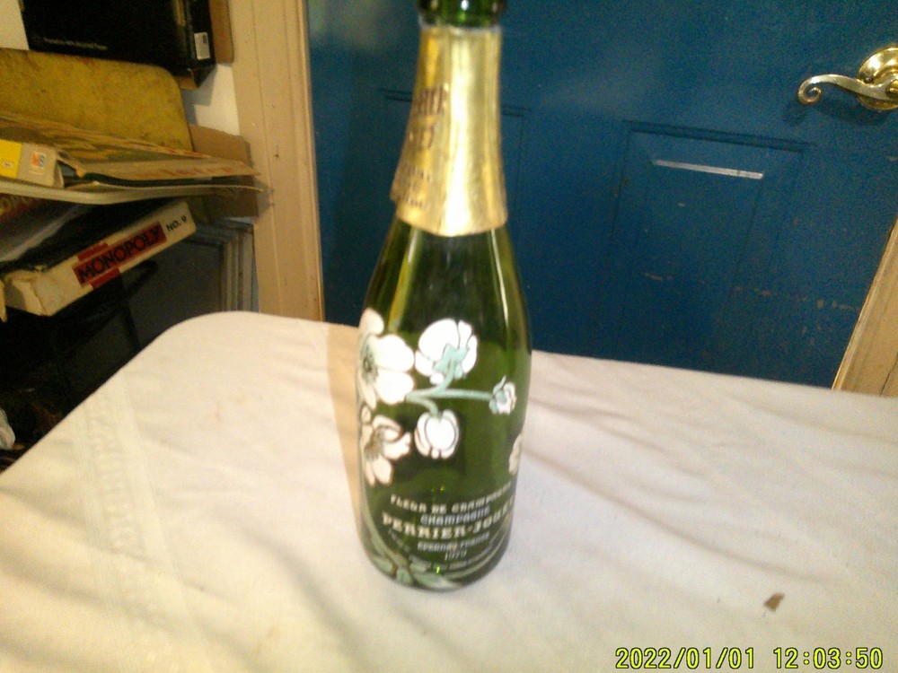 ERRIER-JOUEY EMPTY GREEN GLASS CHAMPAGNE BOTTLEPAINTED FLOWERS SCENE