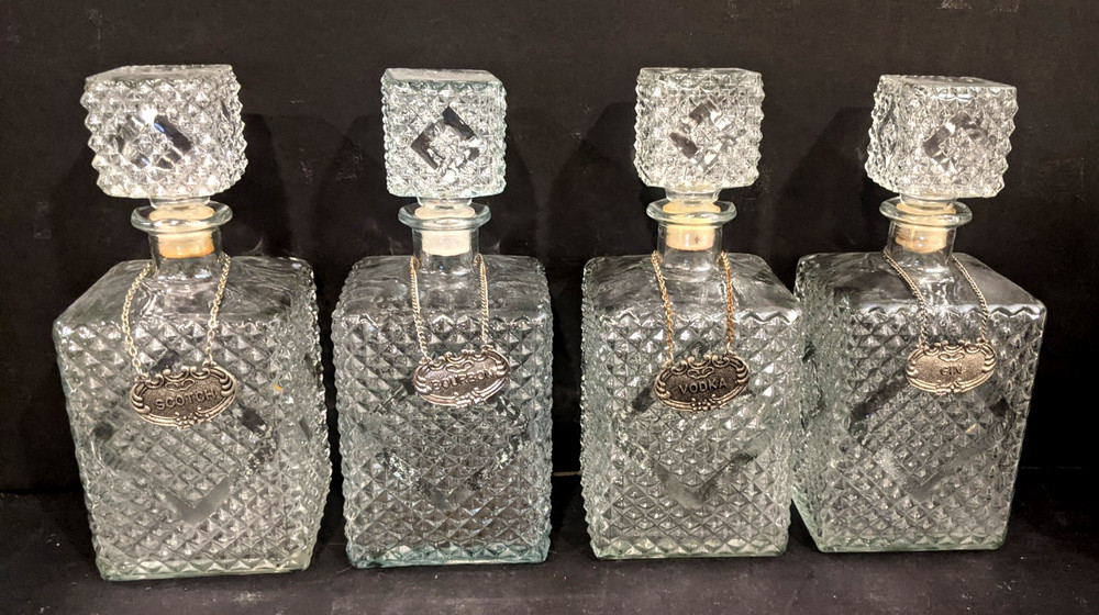 4 Old MCM 1960s Square Clear Glass Diamond Point Bottle Whiskey Gin Scotch Vodka