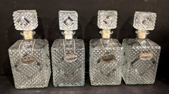 4 Old MCM 1960s Square Clear Glass Diamond Point Bottle Whiskey Gin Scotch Vodka