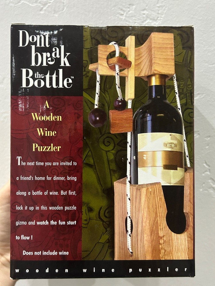 NIB! Dont Break The Bottle Ingenious Wooden Puzzle To Lock Up A Gift Wine Bottle