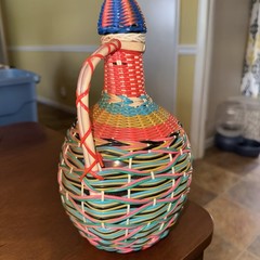 Vintage Scoubidou Woven Colorful V Levante brown Wine Bottle Spain Boho