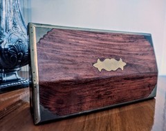 Antique Rosewood or Mahogany Wood Keepsake Box with Brass Inlays