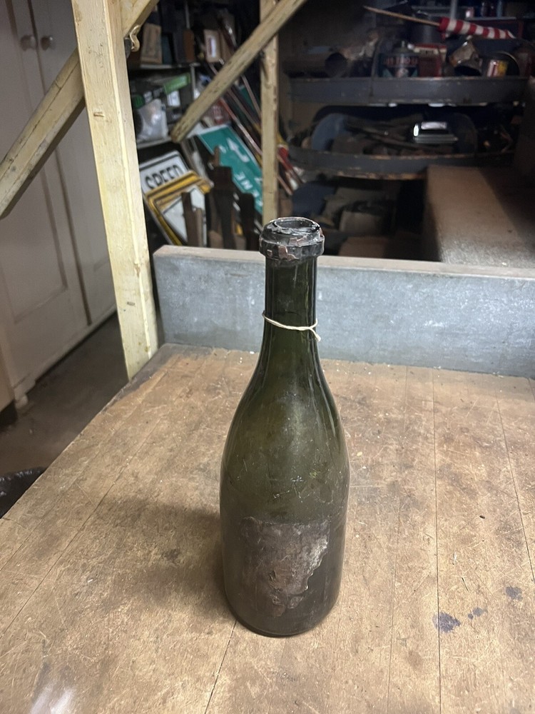 Antique Old Rare Early Empty Green Glass Wine Bottle High Kick Up W Paper Label