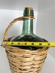 Vintage Farmhouse Demijohn Wine Bottle Aqua Glass, Wicker Wrapped, 12” Tall