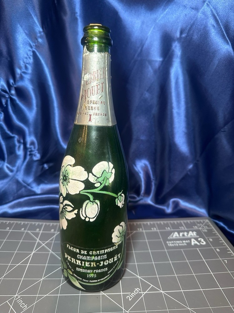 Vintage Collectible 1975 Brut Perrier Jouet Fleur de Champagne Painted Bottle