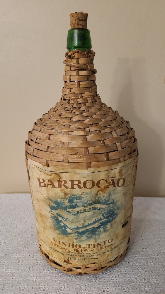Vtg Wicker Wrapped Demijohn Barrocao Green Glass Wine Bottle 15.5”