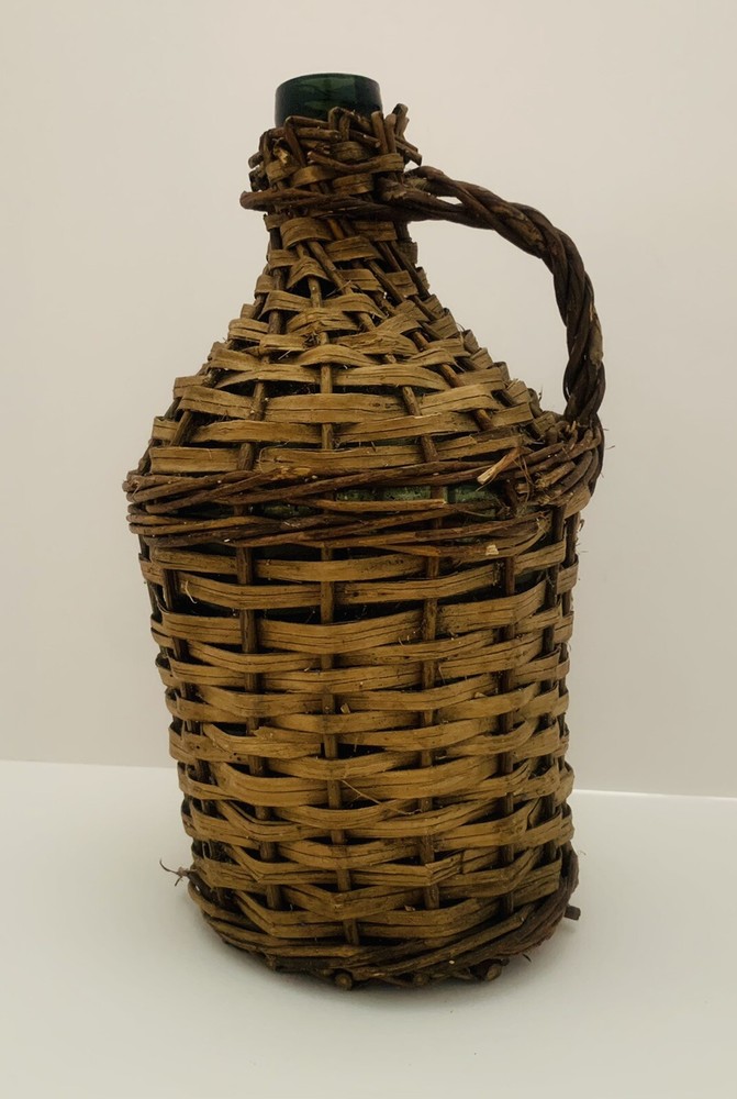 Rustic Wicker Wrapped Green Glass Bottle with a Handle VTG