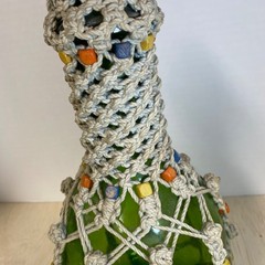 VTG MCM Macrame Green Glass Bottle Wood Beads Boho 12” Retro 70s Genie