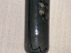 Salt Glazed Beameister Wine Bottle 11.25 Tall Dark Green, Ivory & Black 1960-70s