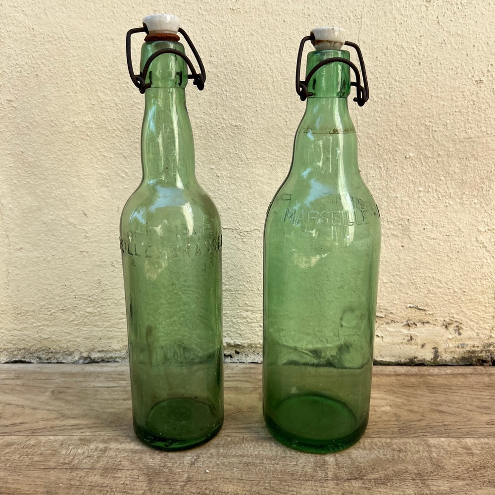 Old French Green Glass wine water pastis bottle circa 1950 set of 2 07062216