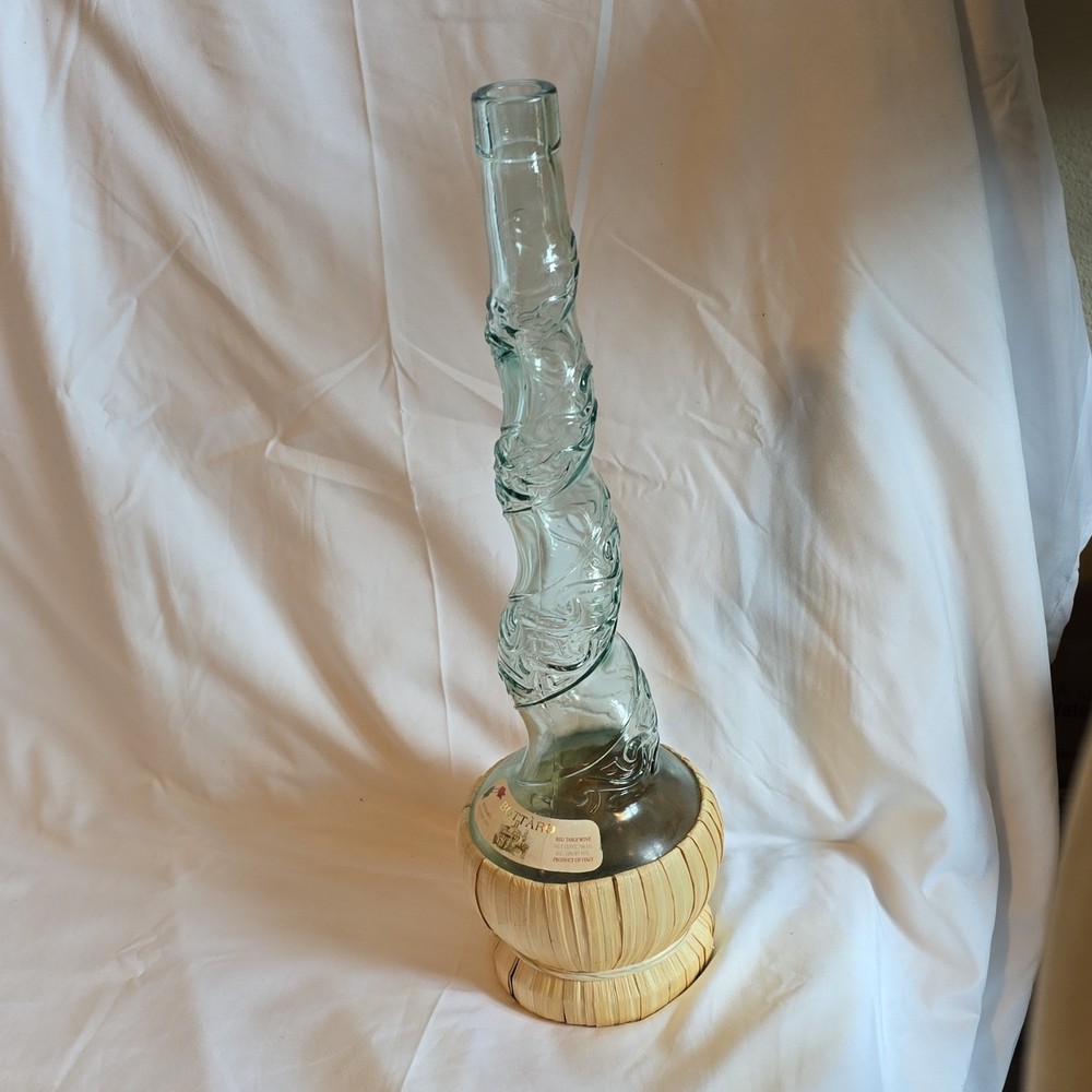 Vintage Long Neck Twisted Spiral Bottaro W/ Raffia Base Empty Wine Bottle 15&Prime;