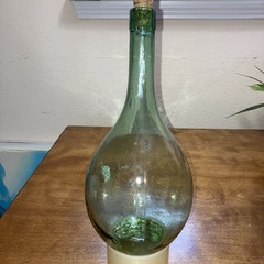 Antique Green Hand Blown Torpedo Round Bottom Glass Bottle 13” Cork Stopper