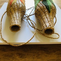 Wicker Rattan Straw Wine Bottle Carrier Holder Tiki Bar Floral Vintage Set Of 2