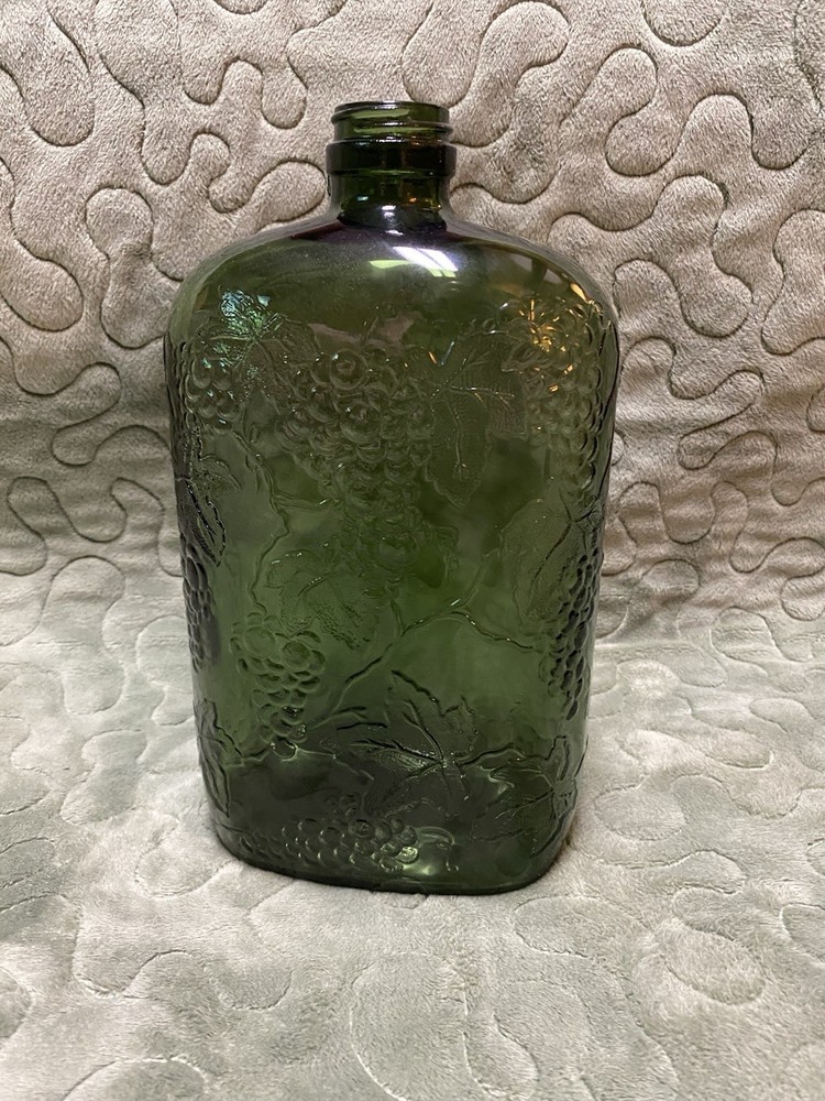 Vintage 1940s Green Wine Half Gallon Bottle 10” Tall, Glass Embossed Grape Vines