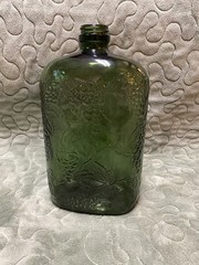 Vintage 1940s Green Wine Half Gallon Bottle 10” Tall, Glass Embossed Grape Vines