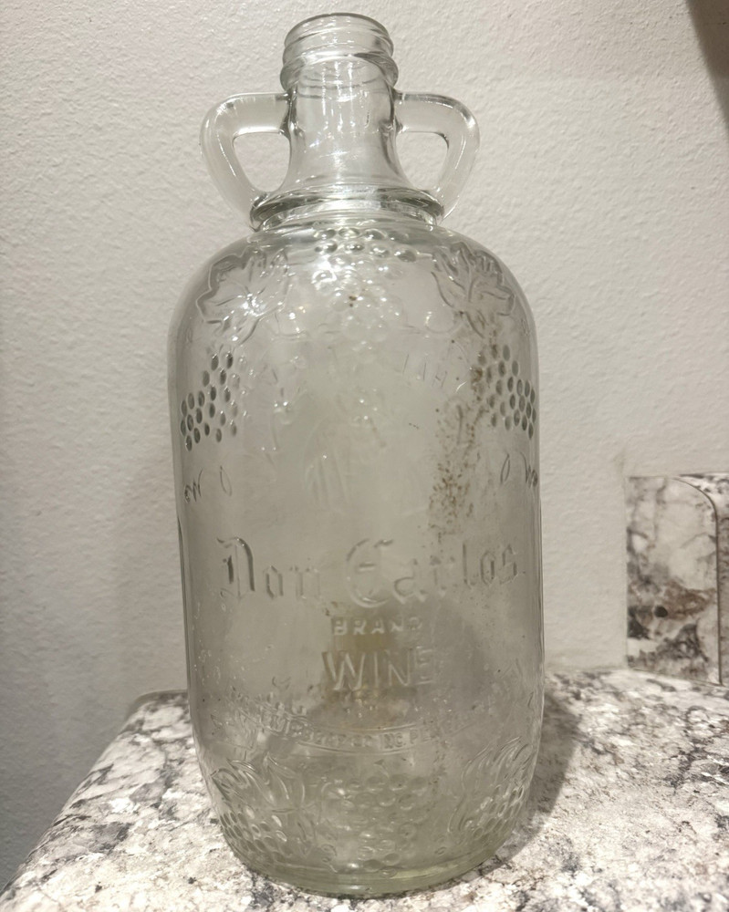 Pensacola FL Clear Glass Wine Bottle Jug, « Don Carlos », Half-Gallon, Rare!
