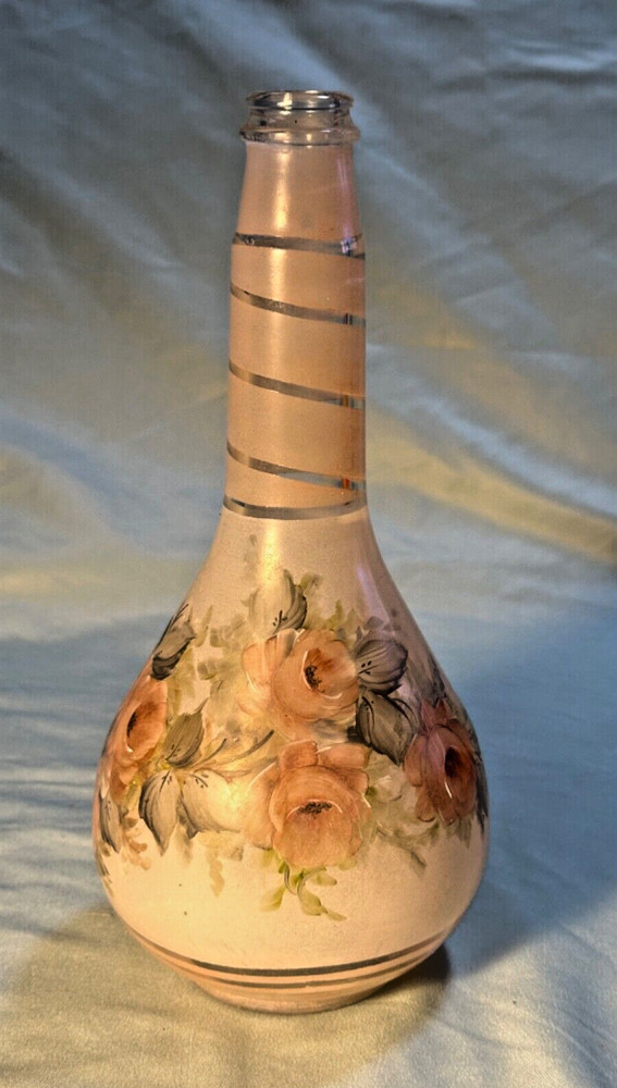 VINTAGE HAND PAINTED GLASS BOTTLE WINE BOTTLE PINK ROSES 10 INCHES