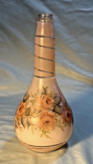 VINTAGE HAND PAINTED GLASS BOTTLE WINE BOTTLE PINK ROSES 10 INCHES