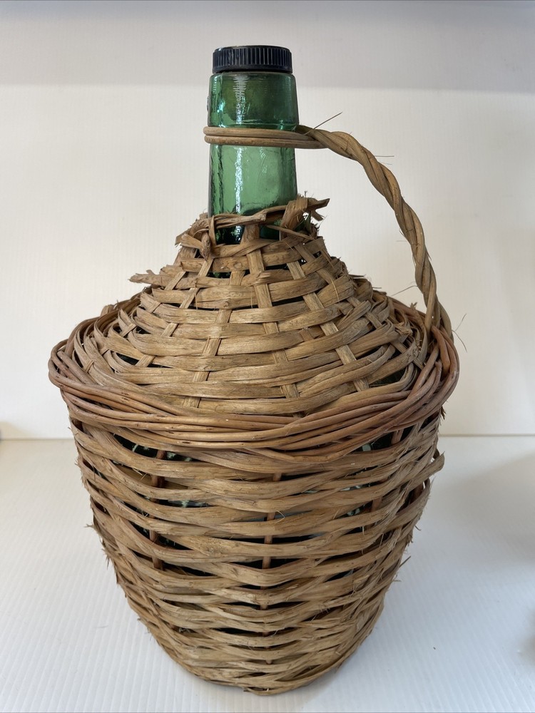 Vtg Wicker Wrapped Demijohn De Muller Viresa Spain Green Glass Wine Bottle 13”H*