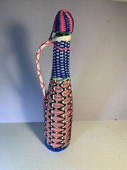 Vintage Woven Plastic Wine Bottle Art with Lid Spain 15&Prime; Tall Retro