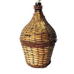 Antique Large Demijohn Wine Jug Green Glass Partial Label 18&Prime; Wicker Damage