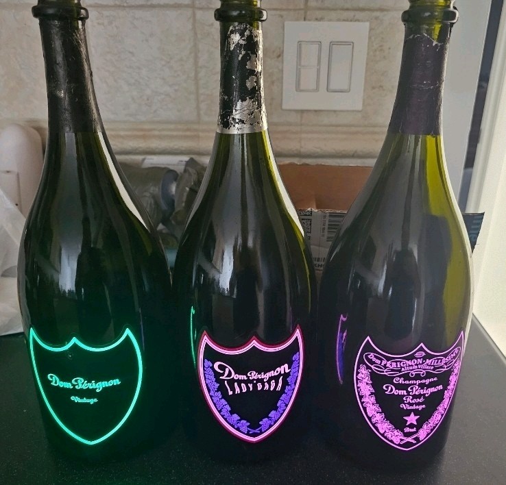 3 Empty Dom Perignon Luminous Bottle, Lady Gaga Dom P Rose And Brut 1.50lt Vinta