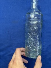 La Mediterranean Blown Teal Glass Wine Bottle W/Cork Embossed Grapes