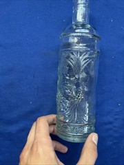 La Mediterranean Blown Teal Glass Wine Bottle W/Cork Embossed Grapes