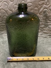 Vintage 1940s Green Wine Half Gallon Bottle 10” Tall, Glass Embossed Grape Vines