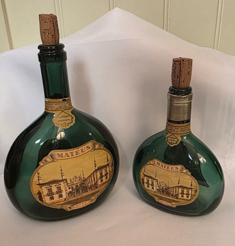 Pair (2) Vintage Mateus Rose Still Wine SOGRAPE Empty Green Portugal Bottles