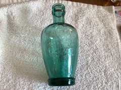 Vintage 6” Wine Bottle Grape Design With Heart ..Cantine Vaseline..Teal Blue
