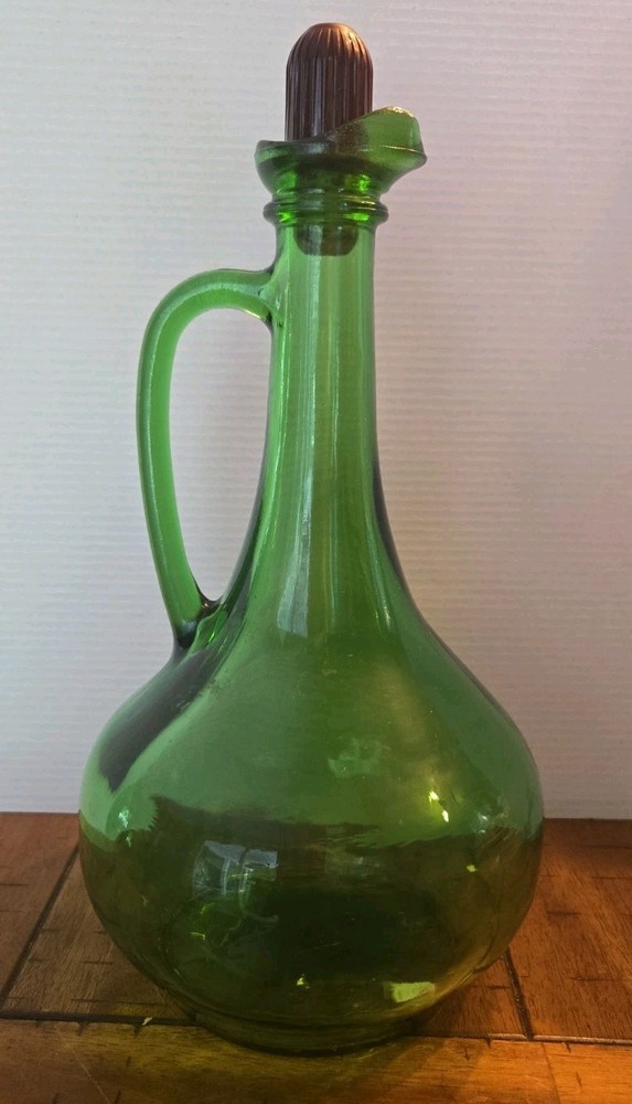 Vintage Boho Green Glass Wine Bottle,Jug,Decanter, Wine World 1978 12&Prime;
