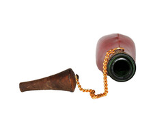 VTG MCM Wrapped Wine Bottle w/ Cork Medallion Red Vinyl Green Glass Empty 15.5&Prime;