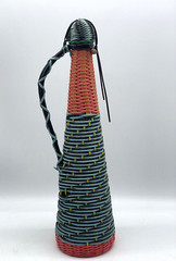Vintage Plastic Colorful Wicker Wrapped Wine Bottle Decanter Made in Spain 14.5&Prime;