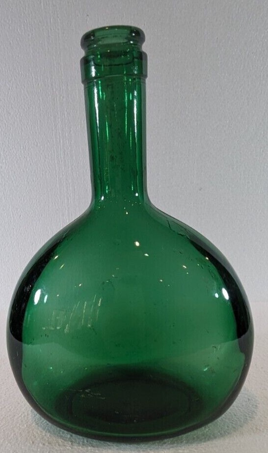 Emerald Green Glass Oval Bottle 8” Tall Marked On Bottom Vintage
