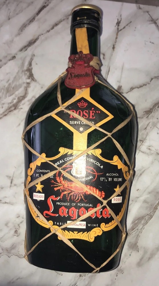 Vintage Lagosta Green Glass, Empty Wine Bottle W/ OG Rattan, Excellent Condition