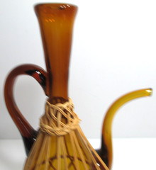 Vintage Hand-Crafted Glass Porron Pitcher Decanter Amber Rattan Spain 15 3/8&Prime; T