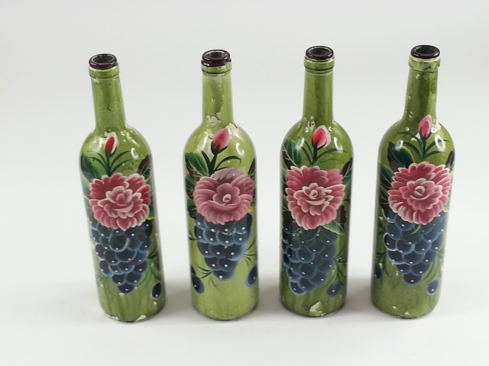 4pc Decorative Hand Painted Glass Wine Bottles Vases Pink Flowers And Grapes