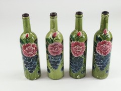 4pc Decorative Hand Painted Glass Wine Bottles Vases Pink Flowers And Grapes