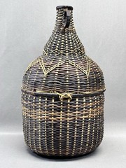 Vintage Wicker Demijohn Wine Bottle Basket Holder Hinged Lid Handle 13.5”