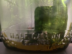 Vintage 1940s Green Wine Half Gallon Bottle 10” Tall, Glass Embossed Grape Vines
