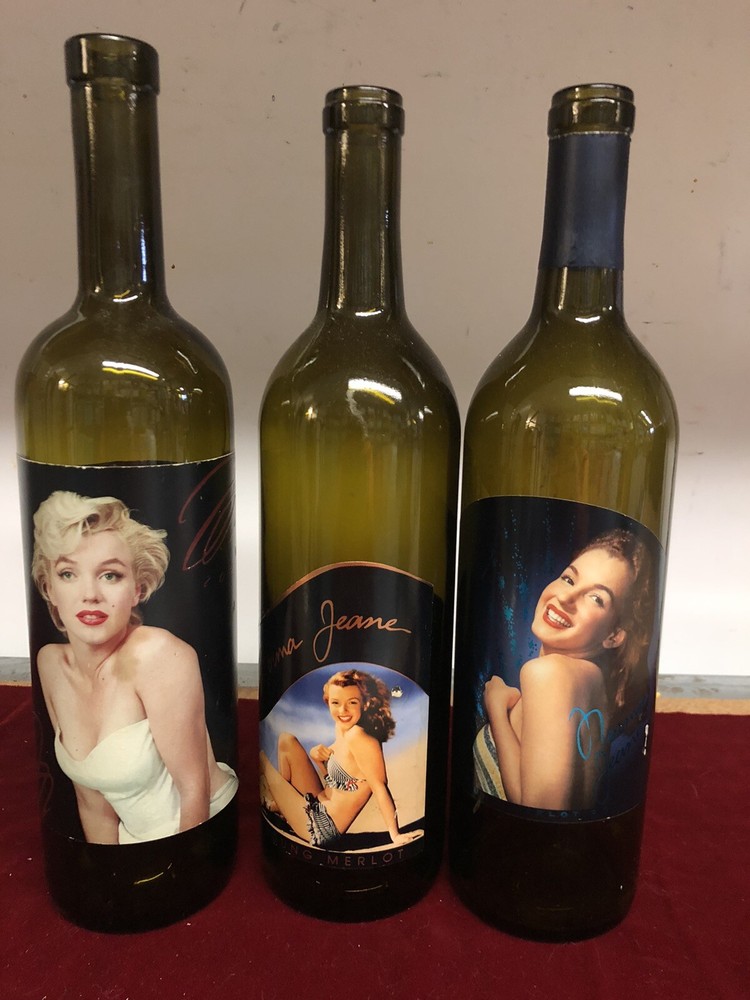 3 EMPTY Vintage Marilyn Monroe Norma Jeane Young Merlot Empty Wine Bottles