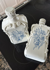 Vtg upcycle style French Country Glass Decanter Bottles White Blue Toile Decor