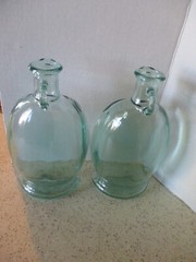 2 OIL & VINEGAR BOTTLES, VETRERIA ETRUSCA ITALY, 16 OZ BOOKEND STYLE, GREEN TINT