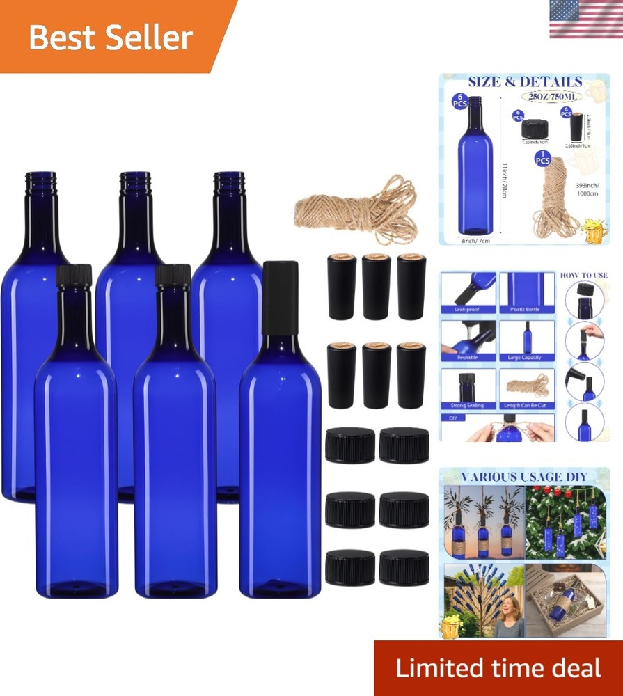 Empty 750ml Blue Wine Bottles with Screw Cap & Seal Rope – 6 Pack for Weddings,