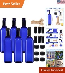 Empty 750ml Blue Wine Bottles with Screw Cap & Seal Rope – 6 Pack for Weddings,