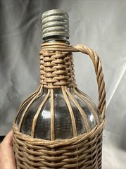 Old Glass Bubble Wicker Wrapped Bottle With Metal Screw Cork 10” Denver Antique