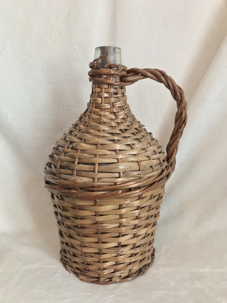 Vintage French Glass Demijohn Wine Bottle Wicker Rattan, 13” Tall