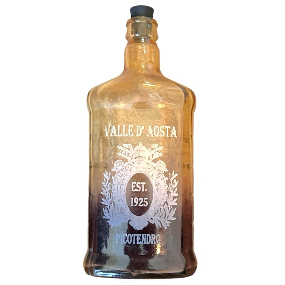 9” Amber Glass Bottle Etched Valle d&rsquo;Aosta Italy Wine Crest Est. 1925 Black Cork