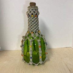 VTG MCM Macrame Green Glass Bottle Wood Beads Boho 12” Retro 70s Genie